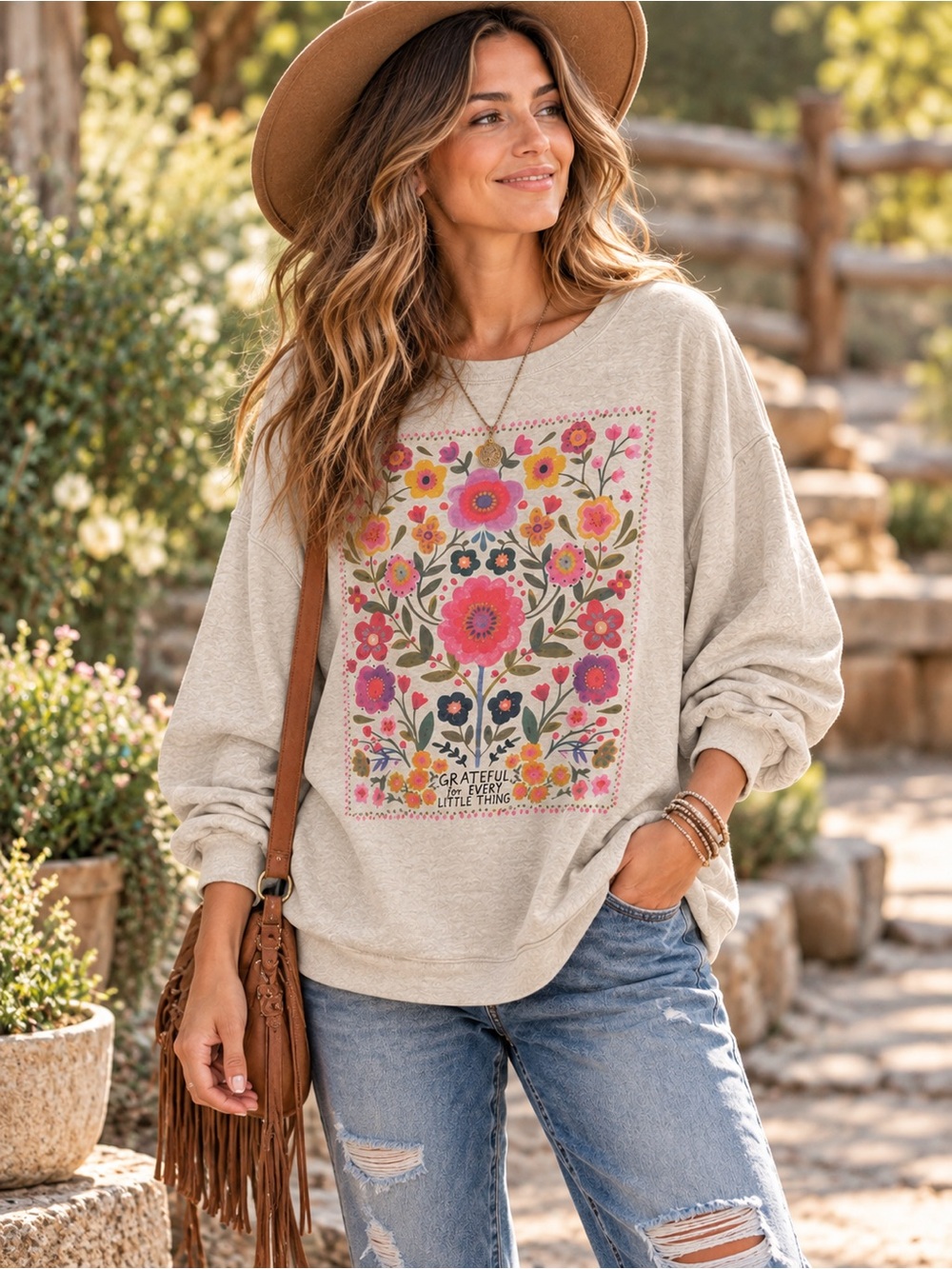 Natural Life Sweatshirt Floral Graphic Print Boho Crewneck Pockets Women XL Cozy